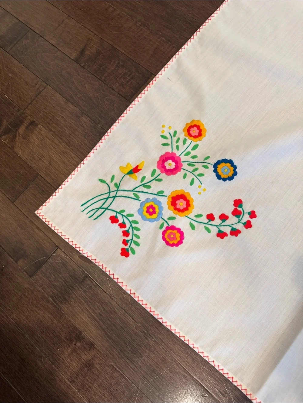 Vintage White Table Linen with Pink, Yellow, Blue & Green Floral Embroidery